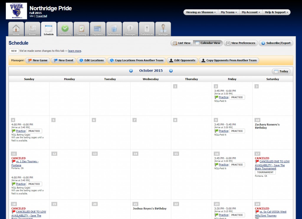 teamsnap schedule calendar screen