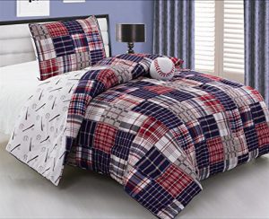 3 Piece Baseball Sports Theme Plaid Red, White, and Blue Comforter Set Twin Size Bedding