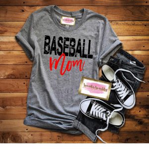 gray baseball mom with red letters