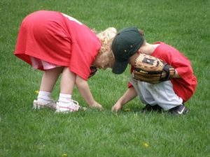 baseball kids picking grass