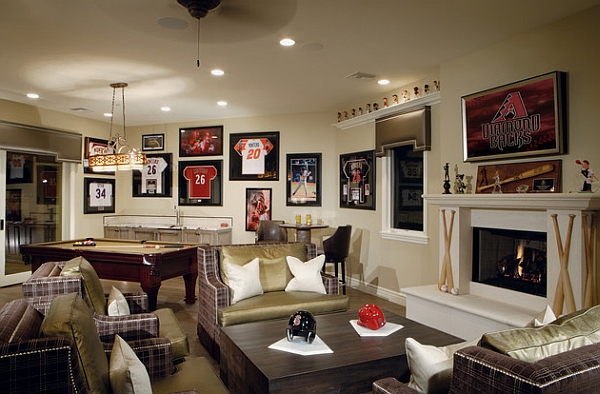 baseball mancave with seating area