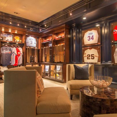 baseball mancave with bats and jerseys