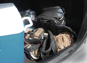 baseball gloves in trunk