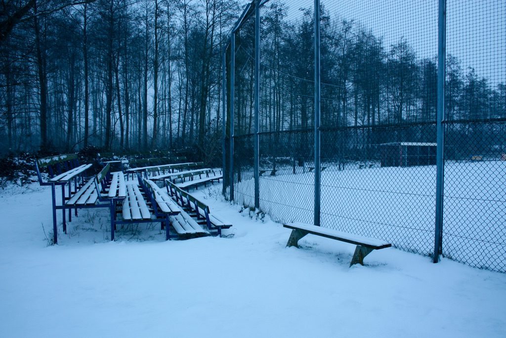 snowy baseball field