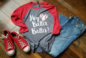 baseball style shirt and jeans