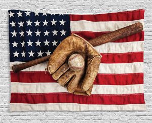 Ambesonne Sports Decor Tapestry Vintage Baseball League Equipment with Usa American Flag