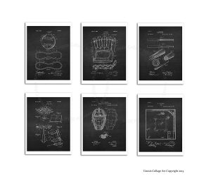 Baseball Wall Art Decor Set of 6 Unframed Patent Art