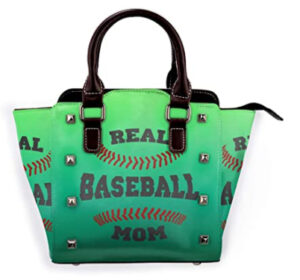 green leather baseball mom tote
