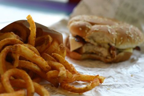 burger and curly fries