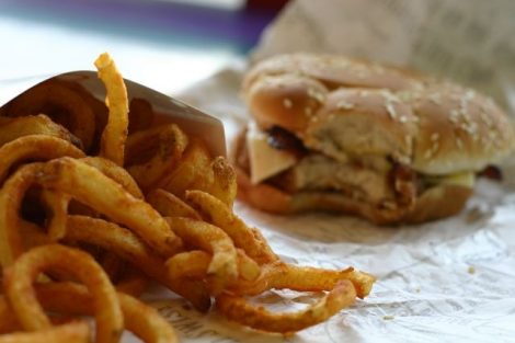 burger and curly fries